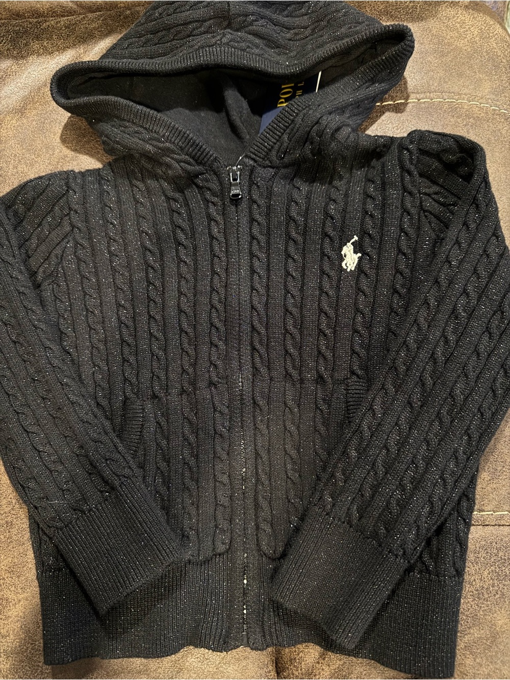 Polo Ralph Lauren Black Sparkle Cable-Knit Zip Hoodie Sweater